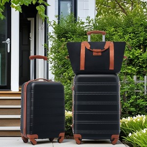 FURNIinspire Bag And Luggage Sets Hardshell Luggage Sets 2 Spinner Suitcases With TSA Lock And 1 Bag, Family Friendly, Black And Brown, 20" 24" - 1 of 4