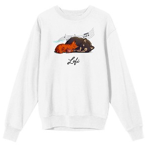 LOFI Girl Dog And Cat Crew Neck Long Sleeve White Adult Sweatshirt - 1 of 3