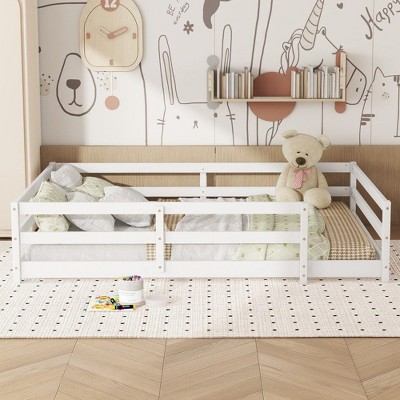CAVINAS Kids Toddler Bed with Fence,Twin/Full Size Floor Bed,No Box Spring Needed,Montessori Bed for Bedroom