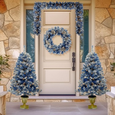 VisioGear Craft Activity Kits Pre-lit Xmas Tree Artificial Christmas 4-Piece Set, Garland with LED Lights, Christmas Tree, Blue