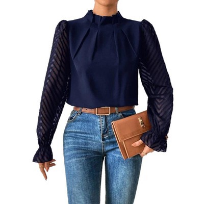 Womens Long Sleeve Shirts Pleated Lace Tops Mock Neck Business Casual Tunic Chiffon Blouses