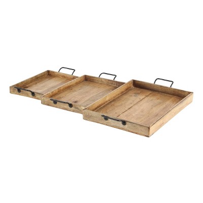 Rustic Brown Mango Wood Rectangular Tray Set with Slot Handles