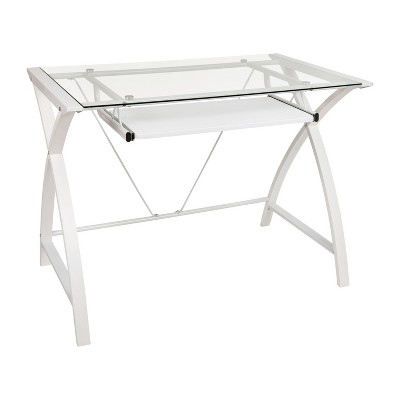 Flash Furniture Clear Tempered Glass Computer Desk with White Pull-Out Keyboard Tray and White Crisscross Frame