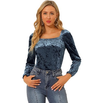 INSPIRE CHIC Women's Velvet Long Sleeve Square Neck Blouse