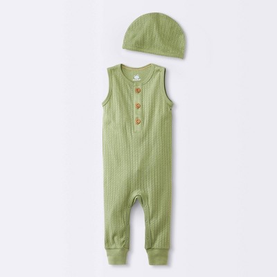 Image of Baby Boys' Pointelle Romper with Hat - Cloud Island™ Green 0-3M