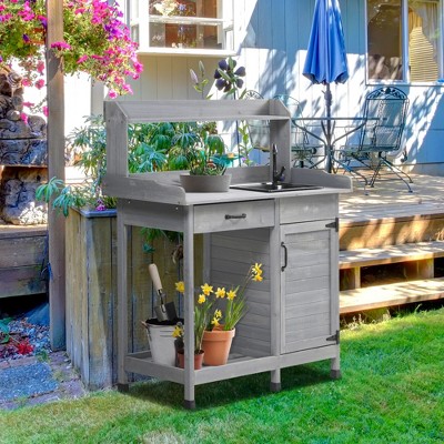 Gray Wooden Outdoor Potting Bench with Sink and Storage