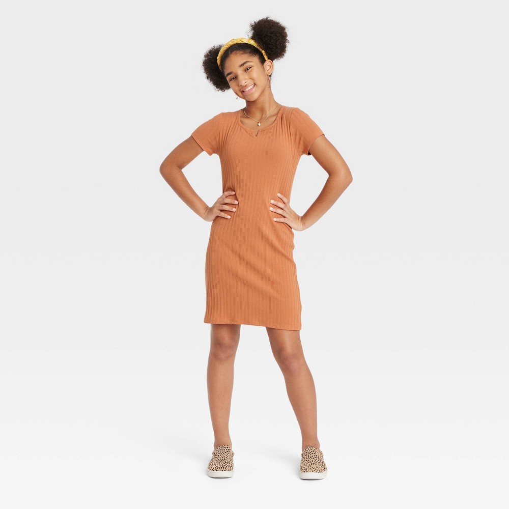 Size Large ( 10/12 ) Girls' Notch Neck Dress - art class Rust Orange 