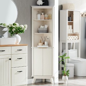 MOEPISY Tall Corner Cabinet, Modern Fluted Storage Cabinet with Faux Marble Top & Adjustable Shelves Off White - 1 of 4