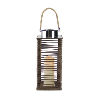 Northlight 15.5" Contemporary Wooden Corded Lantern with LED Flameless Pillar Candle with Timer