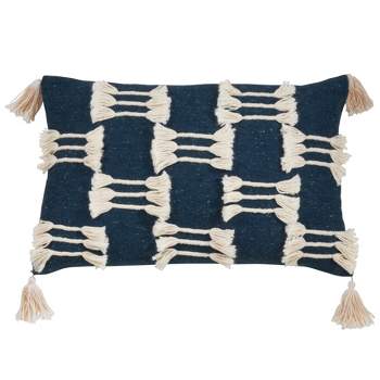 Saro Lifestyle Tri-Line Frayed Throw Pillow With  Polyester Filling, Navy Blue, 14" x 23"