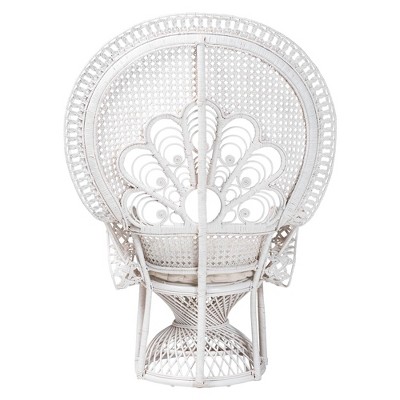 White Handcrafted Rattan Peacock Accent Chair with Upholstered Cushion