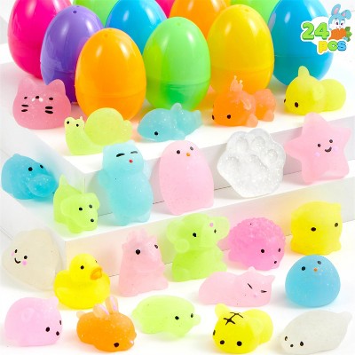 Joyfy 24 Packs Easter Prefilled Eggs with Squishy Toys, Cute Stress Reliever Squishy Toy for Kids Easter Theme Egg Hunt, Basket Stuffers Filler