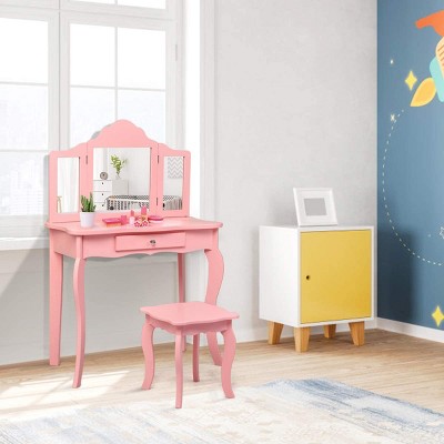 Pink MDF Kids Vanity Table and Stool Set with Tri-Folding Mirror