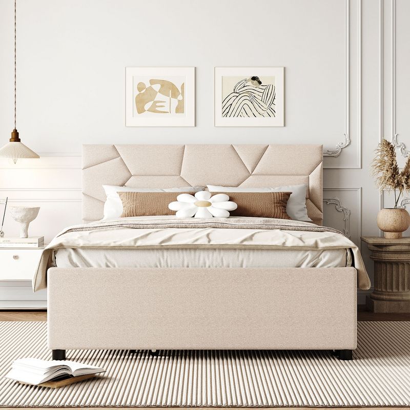 Upholstered Platform Bed with Brick Pattern Headboard and Trundle Bed-ModernLuxe, 2 of 11