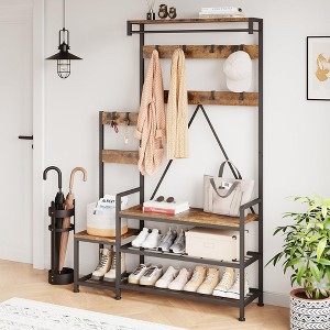Industrial Entryway Hall Tree with Bench Shoe Storage & Coat Rack, Modern Mudroom Furniture with Shelves for Small Space Apartments - 1 of 4