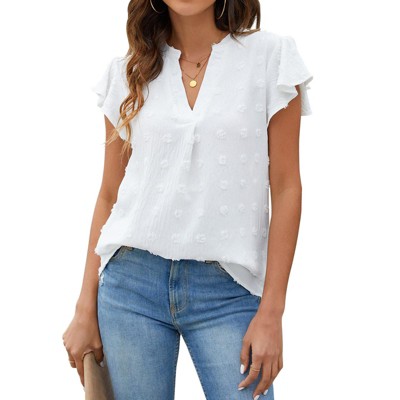 Womens White Blouse V Neck Ruffle Sleeve Flowy Shirts Dressy Casual Cute Summer Tops