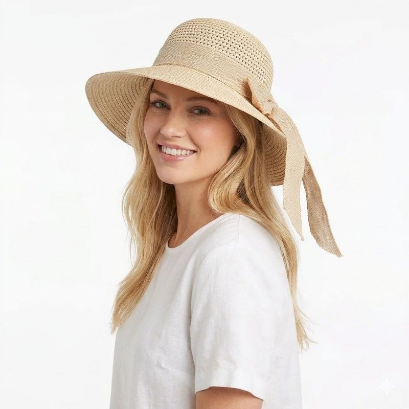 Anna-Kaci Women Straw Sun Hat Wide Brim Woven Beach Hat Bow Tie Detail Breathable Summer Hat, Beige