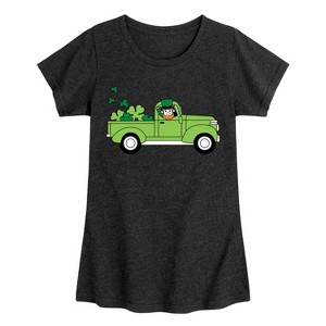 Girls' - Instant Message - St. Patrick's Day Leprechaun Truck Delivering Luck Fitted Short Sleeve Graphic T-Shirt - 1 of 4
