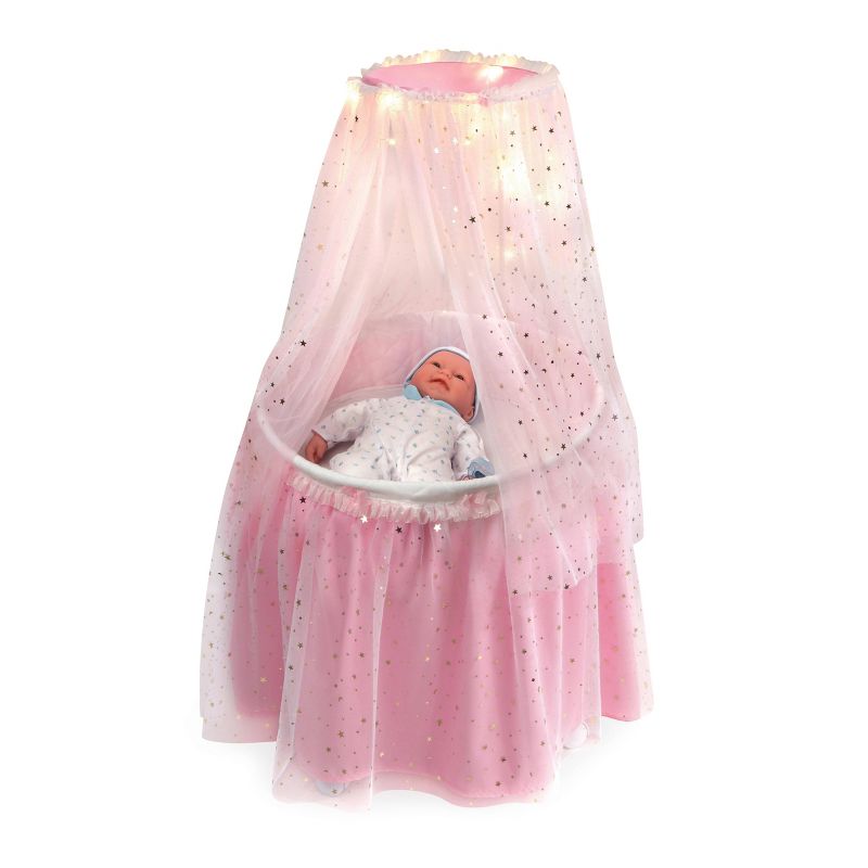 Badger Basket Sweet Dreams Round Doll Bassinet with Canopy and LED Lights - Pink/White/Stars, 4 of 7