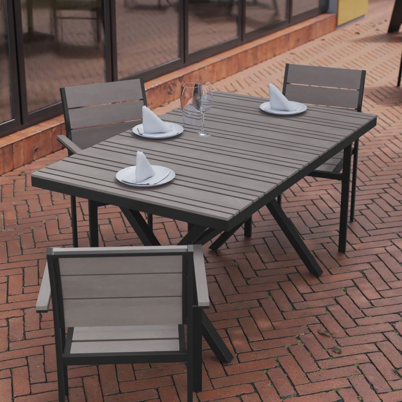 Flash Furniture Finch Commercial Grade X-Frame Outdoor Dining Table 59" x 35.5" with Faux Teak Poly Slats and Metal Frame, 4 of 12