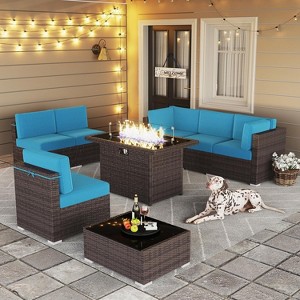 LayinSun 8 Piece Patio Furniture Set with 44" Propane Gas Fire Pit Table, Outdoor Sectional Conversation Set Wicker Rattan Sofa Set - 1 of 4