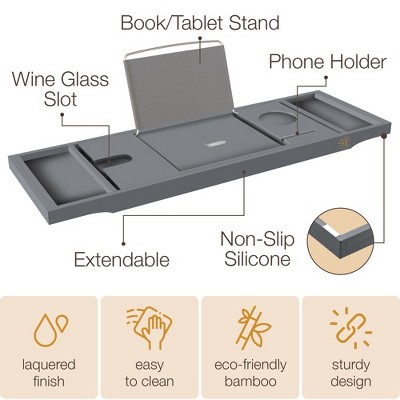 Adjustable Gray Bamboo Freestanding Bathtub Tray Caddy