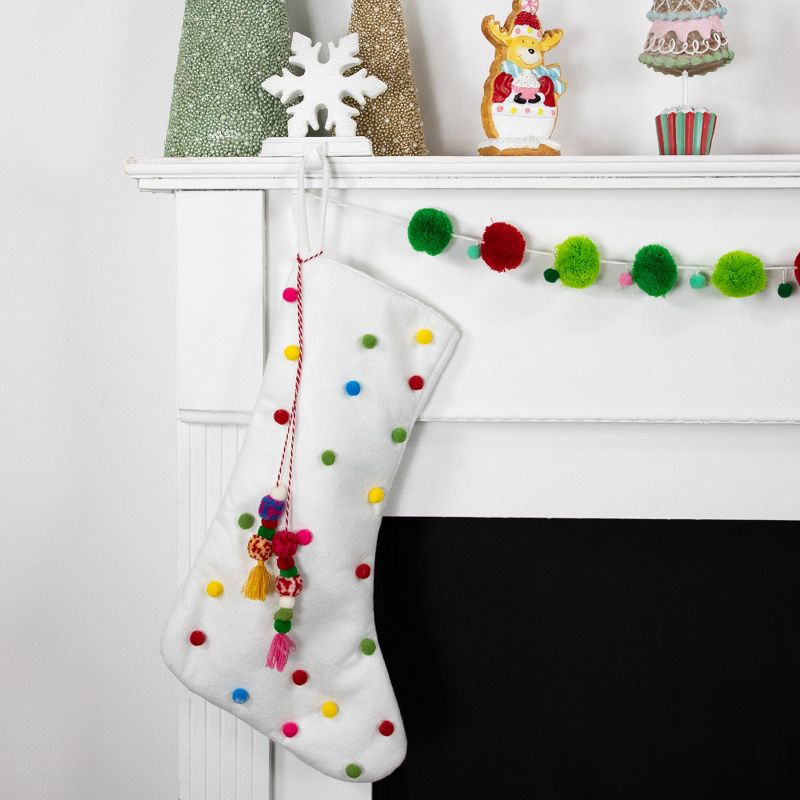 Northlight 20" White Christmas Stocking with Multicolor Pom-Poms and Tassels, 3 of 7