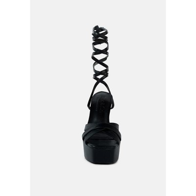 Black Faux Leather High Platform Sandal with Ankle Strap