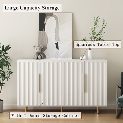 White modern buffet cabinet with 4 doors in a living room setting