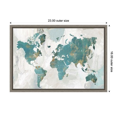 Teal and Gray Framed World Map Canvas Print