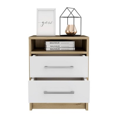Vynxaria Modern 2-Drawer Nightstand with Open Shelf, Superior Top, Metal Handles White/Light Oak, 20"H