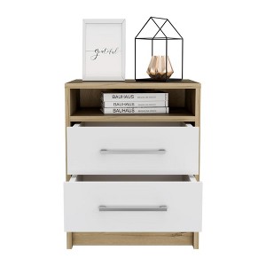 Vynxaria Modern 2-Drawer Nightstand with Open Shelf, Superior Top, Metal Handles White/Light Oak, 20"H - 1 of 4