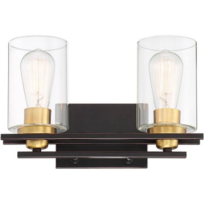 Possini Euro Design Vintage Industrial Wall Light Bronze Gold Hardwired 14" Wide 2-Light Fixture Clear Glass Bathroom Vanity