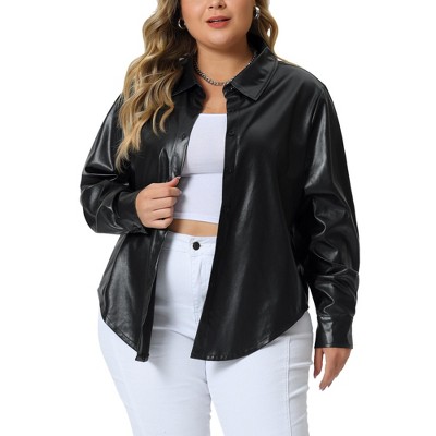 Agnes Orinda Women's Plus Size Faux Leather Long Sleeves Button