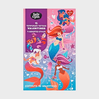 Sadie & Sam 16ct Mermaid Glitter Temporary Tattoo Valentine's Day Classroom Exchange Cards