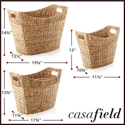 Set of 3 Natural Water Hyacinth Oval Storage Baskets with Handles
