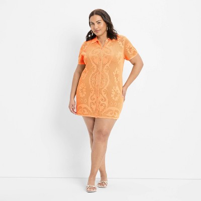 Women's Short Sleeve Mesh Button-Up Mini Sweater Dress - Future Collective