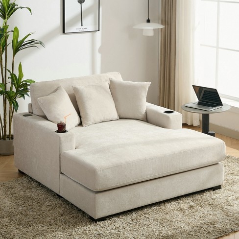 55 w Oversized Chaise Lounge Sleep Chair Sofa Couch With Pillows Charge Station Cup Holders 4b Cream modernluxe Target