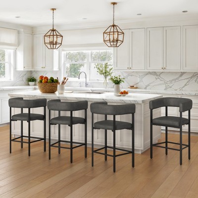 Arceso Barrel Bar Stools Set of 4, 26 Inch Upholstered Barstools with Arms & Metal Frame, Counter Height Bar Stools with Curved Backrest