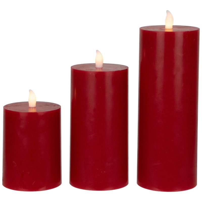 Northlight Set of 3 Flameless Solid Red Flickering LED Wax Pillar Candles 8", 1 of 7