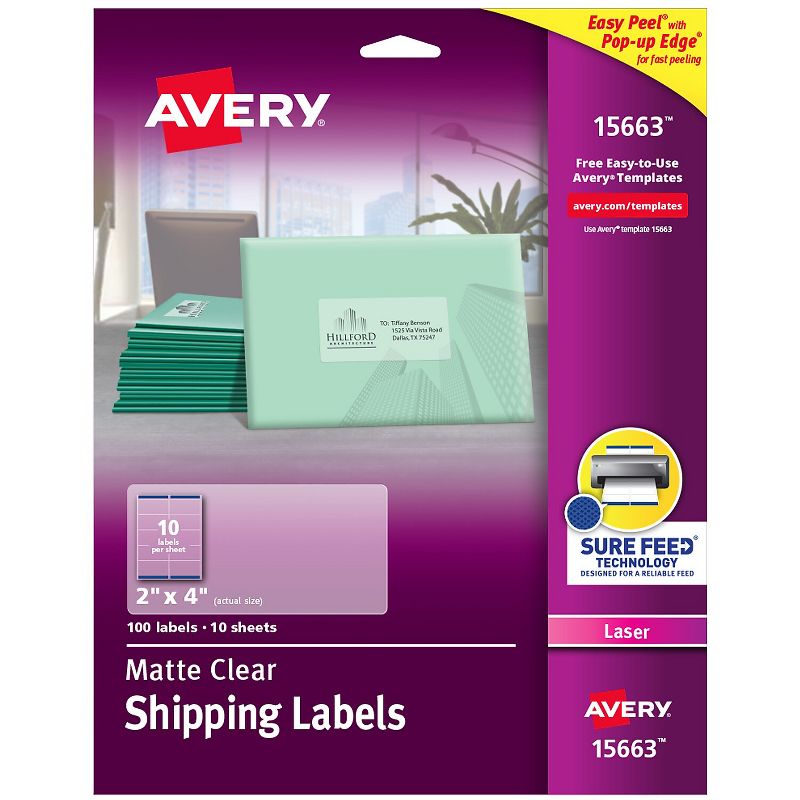 Avery Matte Clear Shipping Labels Sure Feed Technology Laser 2" x 4" 792112, 1 of 10