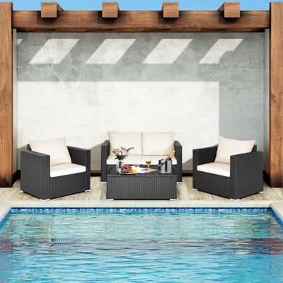 Tangkula 4PC Patio Rattan Wicker Conversation Furniture Set Sectional Sofa & Coffee Table