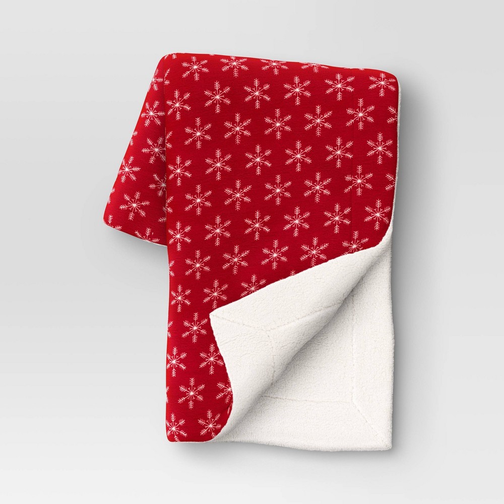 Snowflake Printed Plush with Faux Shearling Reverse Throw Blanket Red/Ivory - Threshold™