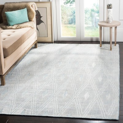 Blue Geometric Hand-Knotted Wool and Viscose Rug, 6' x 9'
