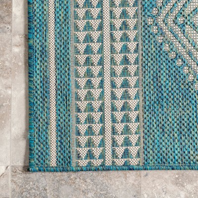 Teal and White Synthetic Tribal Geometric 5' x 8' Outdoor Rug