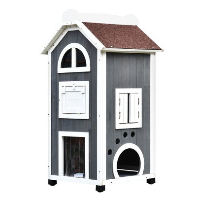 Gray and White 3-Story Wooden Outdoor Cat House with Asphalt Roof