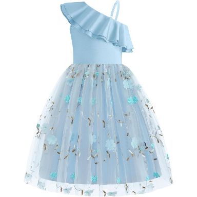 Arshiner Girl' Dress Off Shoulder Ruffle Trim Tulle White Wedding Flower Girls Formal Summer Dresses-Blue Floral-11-12 Years : Target