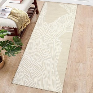 Modern Abstract Area Rug Washable Rug for Living Rooms, Indoor Contemporary Stripe Printed Floor Covering, Soft Neutral Foldable Non Slip Rugs - 1 of 4
