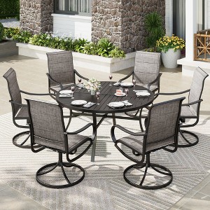 Captiva Designs 7pc Patio Black Slatted Round Steel Table with Umbrella Hole & Grayish Brown Textilene Chairs - 1 of 4
