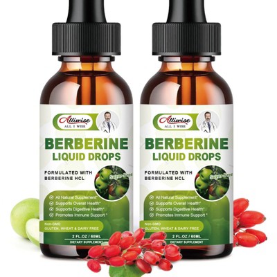 Alliwise (2 Pack) Berberine Liquid Drops Support Immune, Digestion System & Heart Health, 4 Fl Oz (Apple)